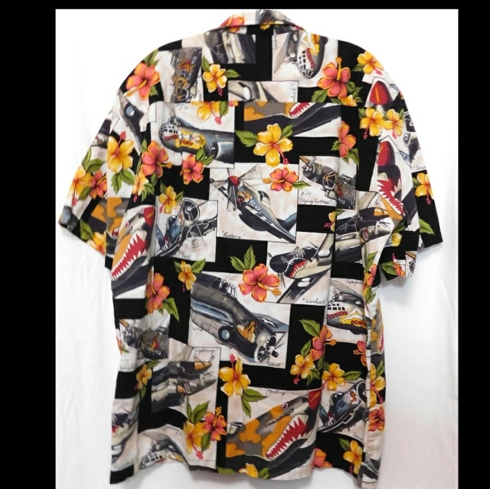 Vtg Kalaheo Hawaiian Shirt Hula Fighter jets WWII L